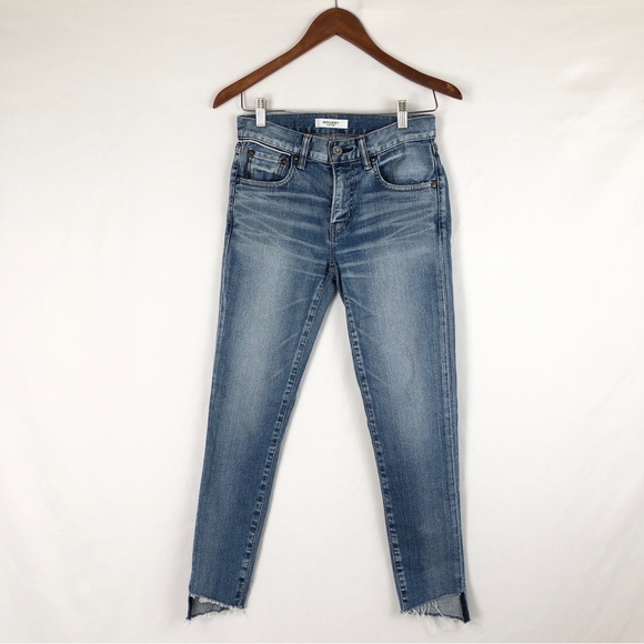 Moussy Vintage Mid‎ Rise Skinny Jean Asymmetrical Raw Hem Medium Wash Size 23 - Picture 1 of 11